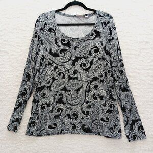 T-Shirt Size XL Black White Paisley Soft Stretch Resort Office Boho Casual Y2K